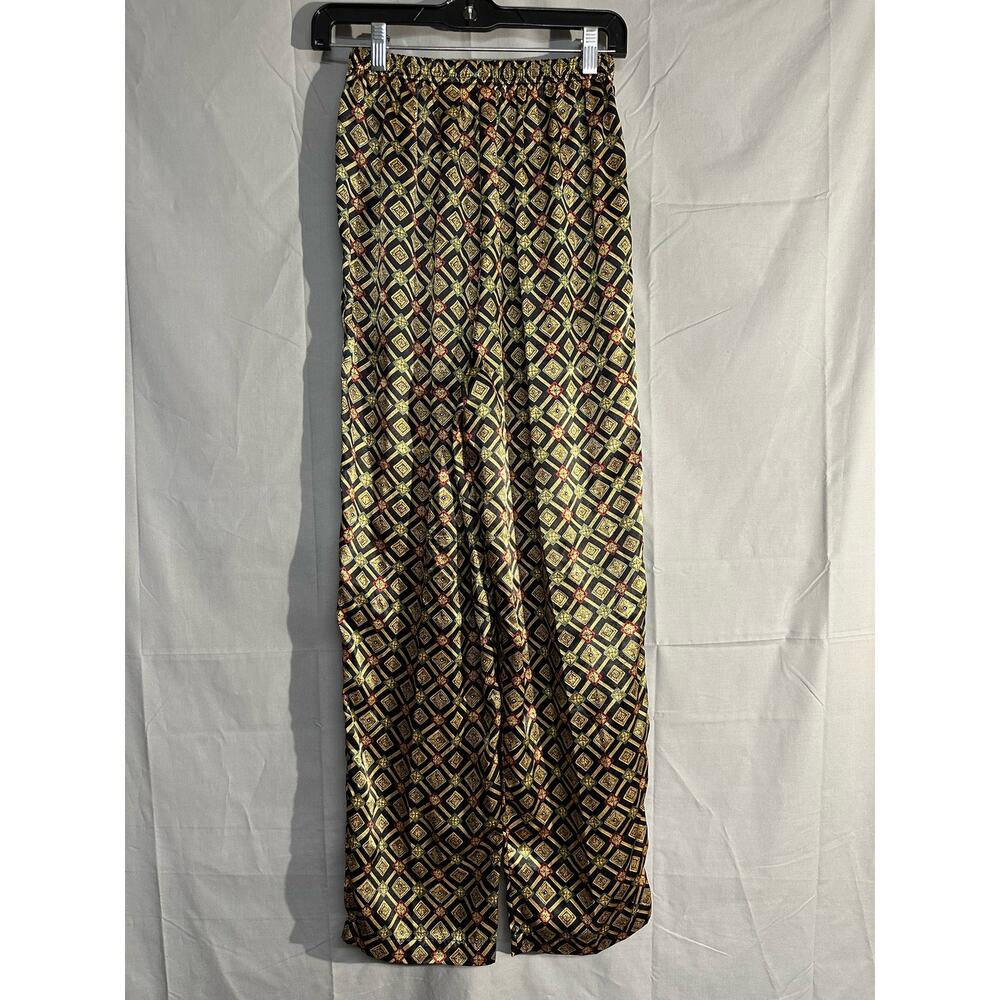 Y2K Vintage Victorias Secret Pants Small Black Satin Gold Print 90s High Rise - Picture 3 of 10